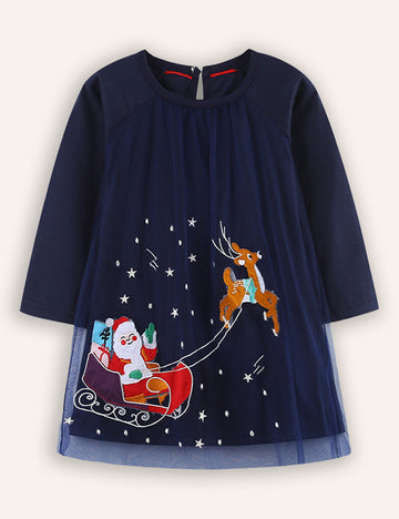 Christmas Santa Elk Applique Tulle Dress